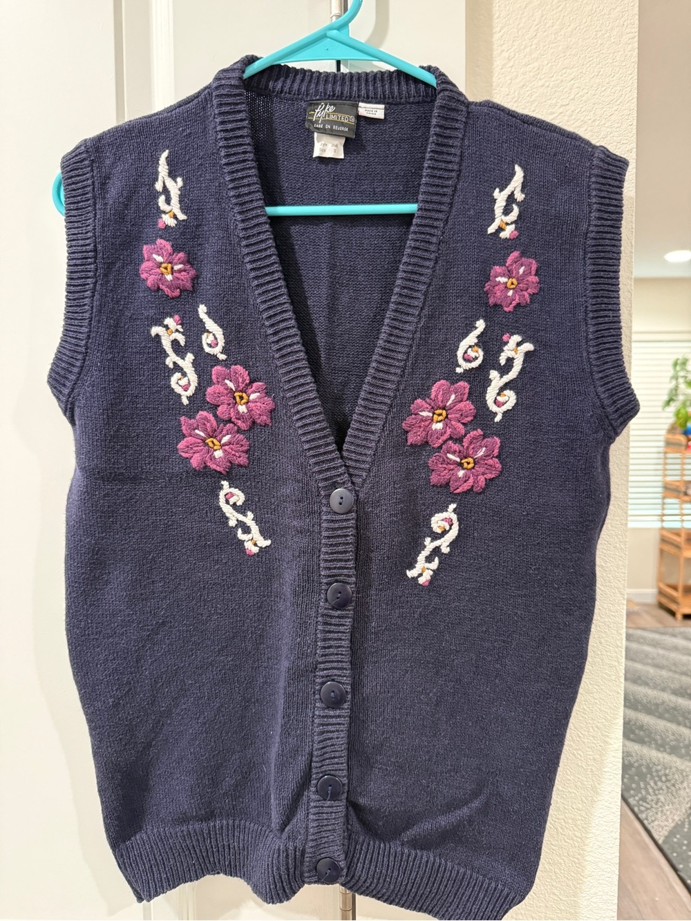 Vintage 1990’s Floral Embroidered Navy Button-Up Sweater Vest